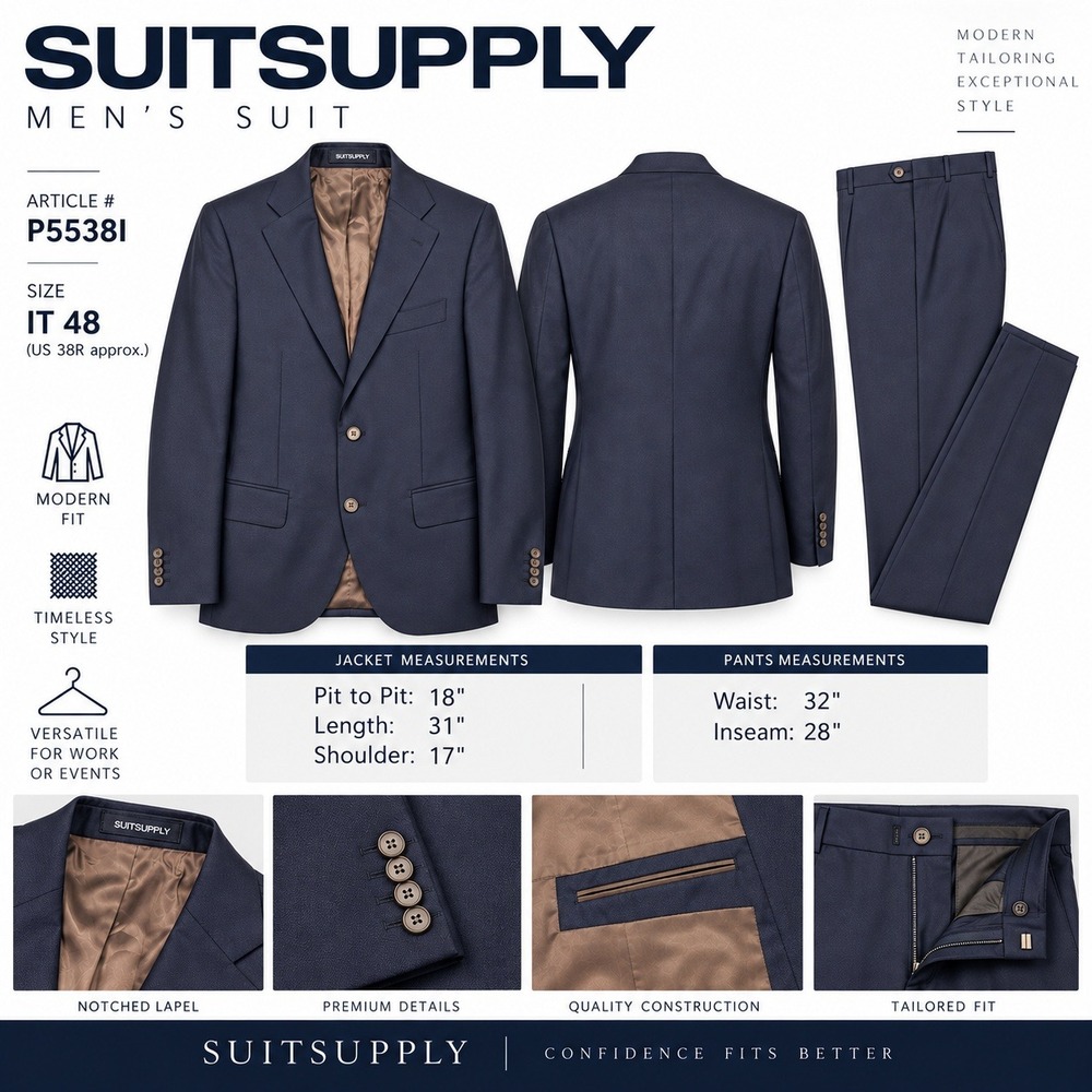 Suitsupply Lazio Brescia Men Blue Wool Slim Fit 2 Pce Suit IT 48 (32x28) P5538I